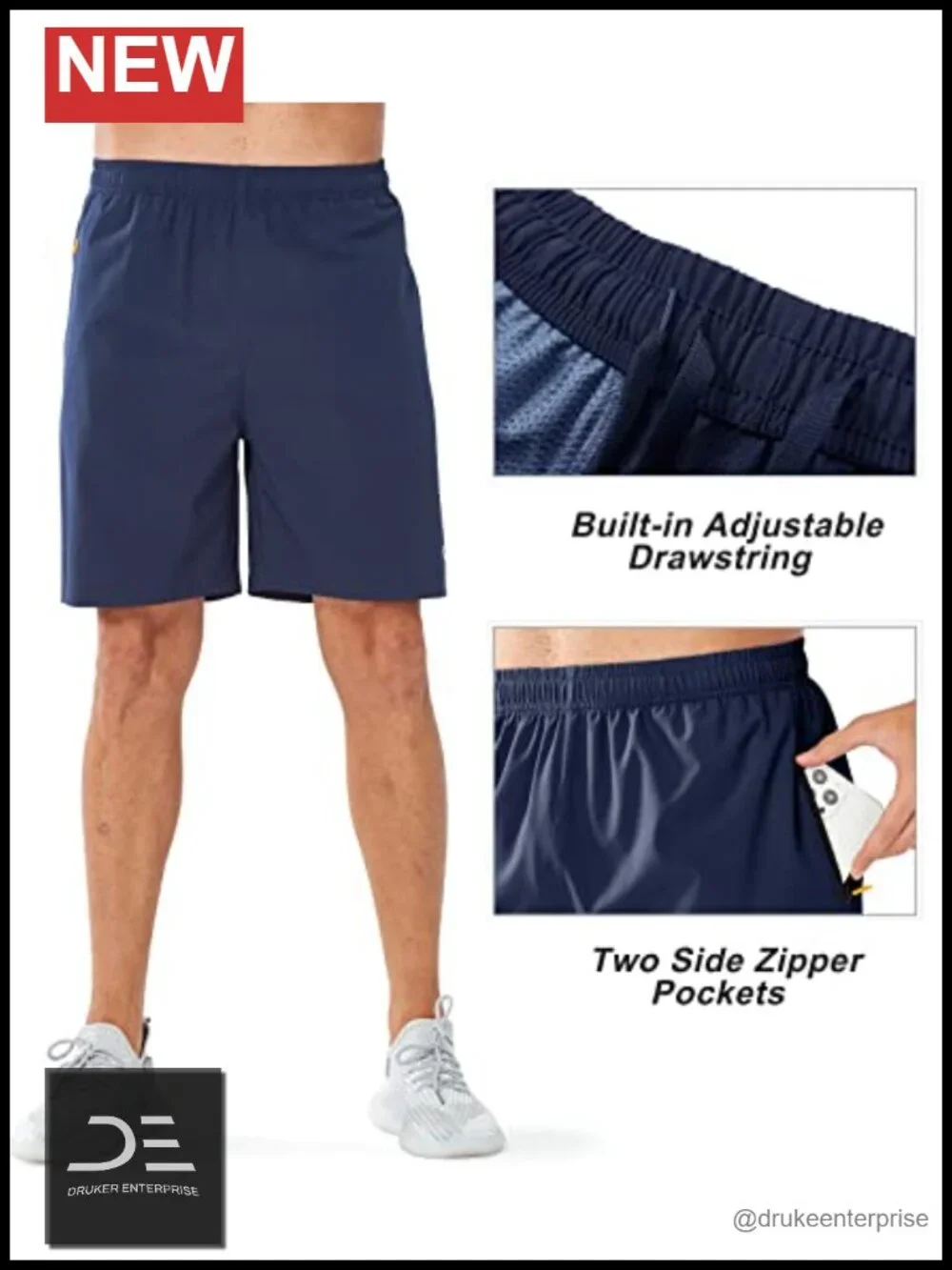 Men's Quick Dry Athletic Running Shorts with Zip Pockets & Adjustable Waist